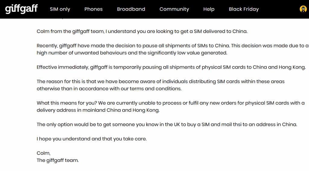 Giffgaff停止向中国和香港地区邮寄实体SIM卡插图 Giffgaff停止向中国和香港地区邮寄实体SIM卡插图