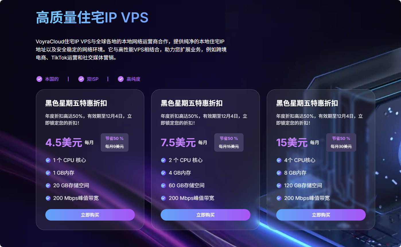 Voyracloud黑五限时低价折扣，高品质的住宅 IP 服务器优惠持续至12月4日缩略图